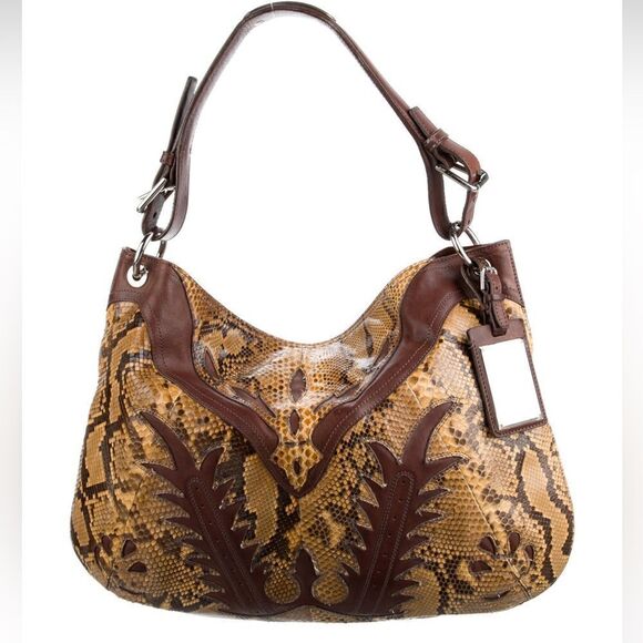 Ralph Lauren Collection Italian Tan Python Western Flame Stitch Hobo Handbag - Picture 5 of 16